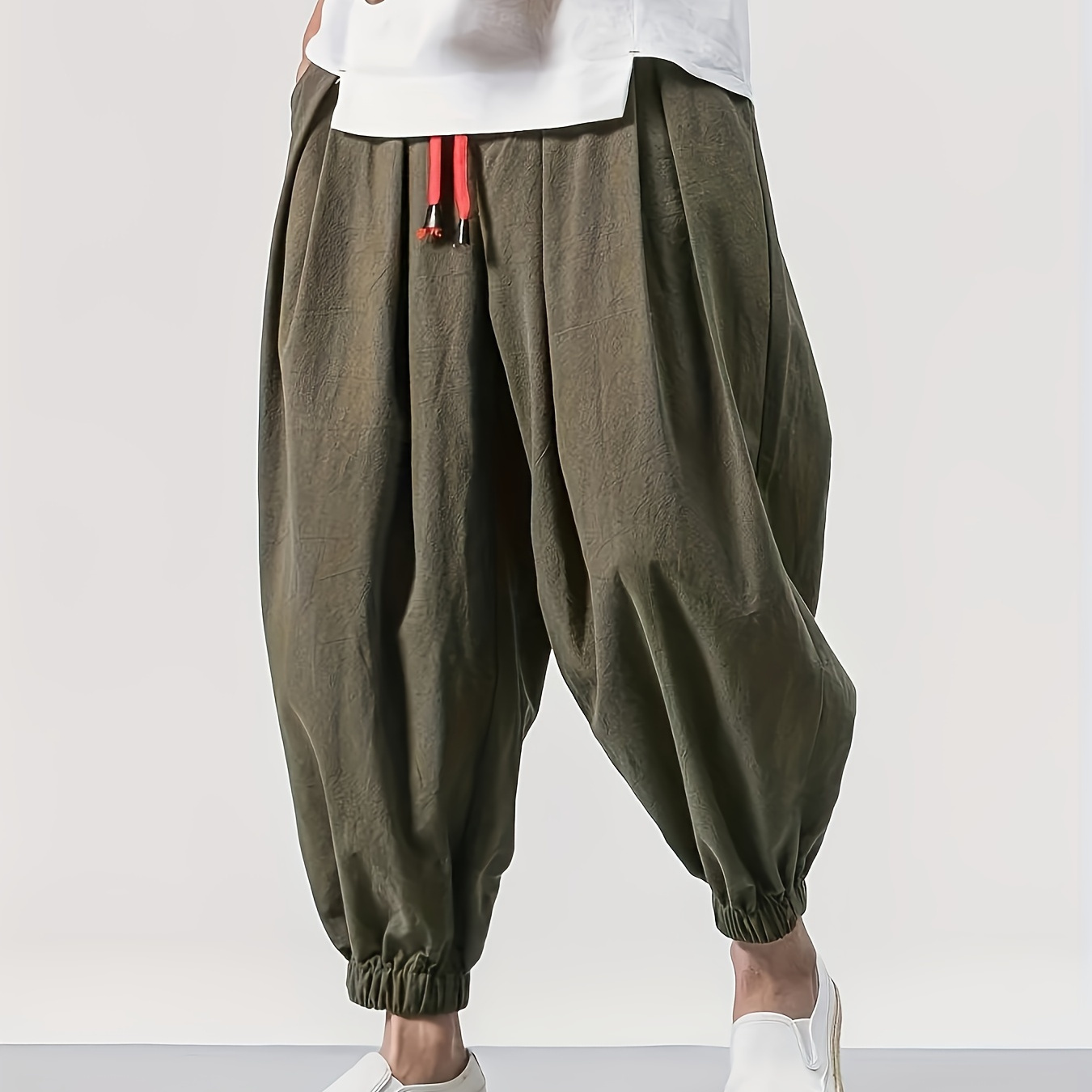 

Men's Solid Wide Harem Crop Trousers, Stylish Hip Hop Loose Fit Pants