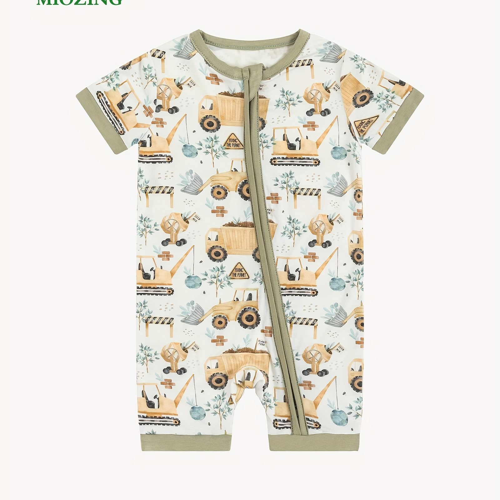 

Baby Boy's Bamboo Fiber Short Sleeve Zipper Romper, Cute Excavator Print, Soft Fabric, Infant Onesie Outfit For Summer