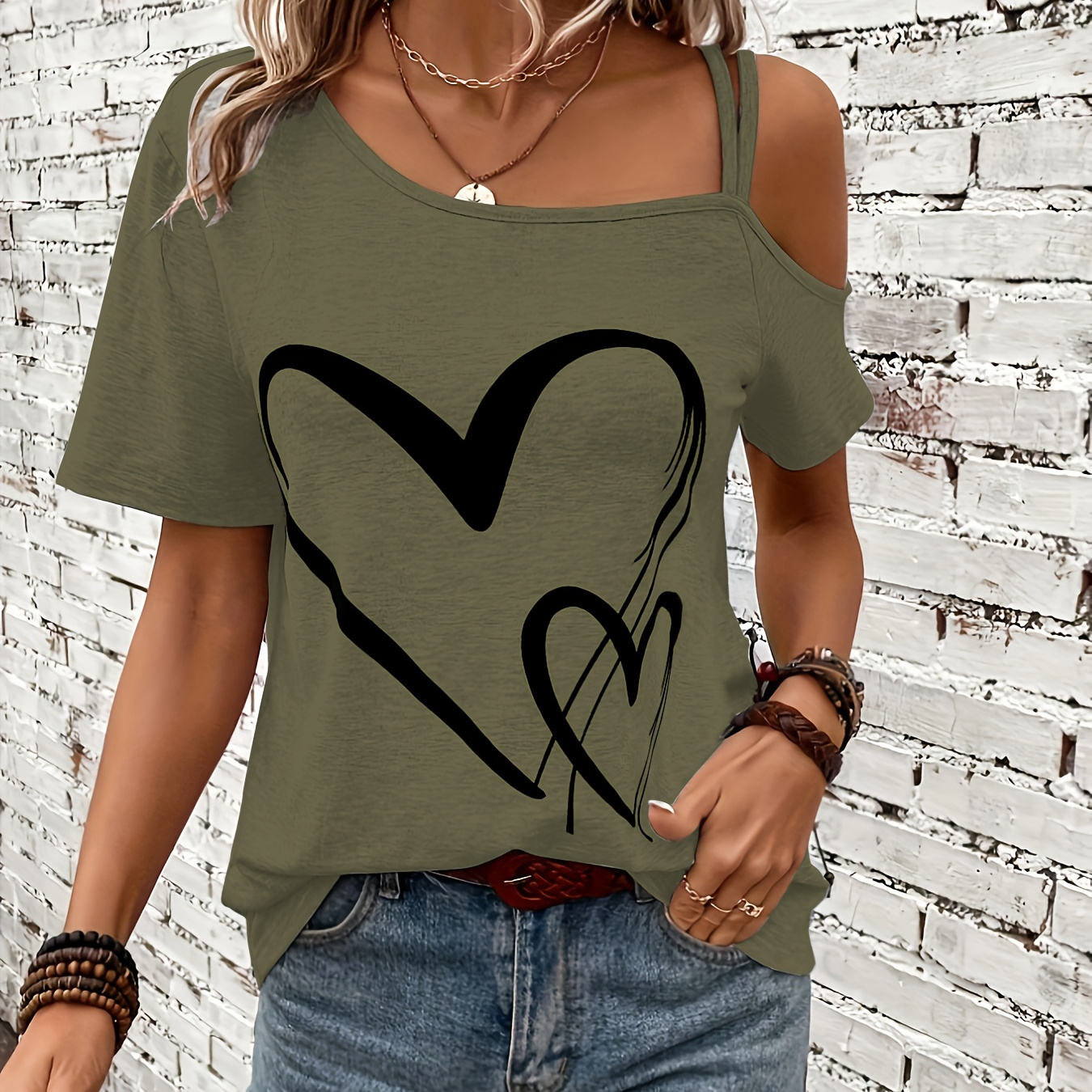 

1pc Women's Summer Asymmetrical One-shoulder T-shirt, Polyester Knit Fabric With Heart , Casual Regular Length Top