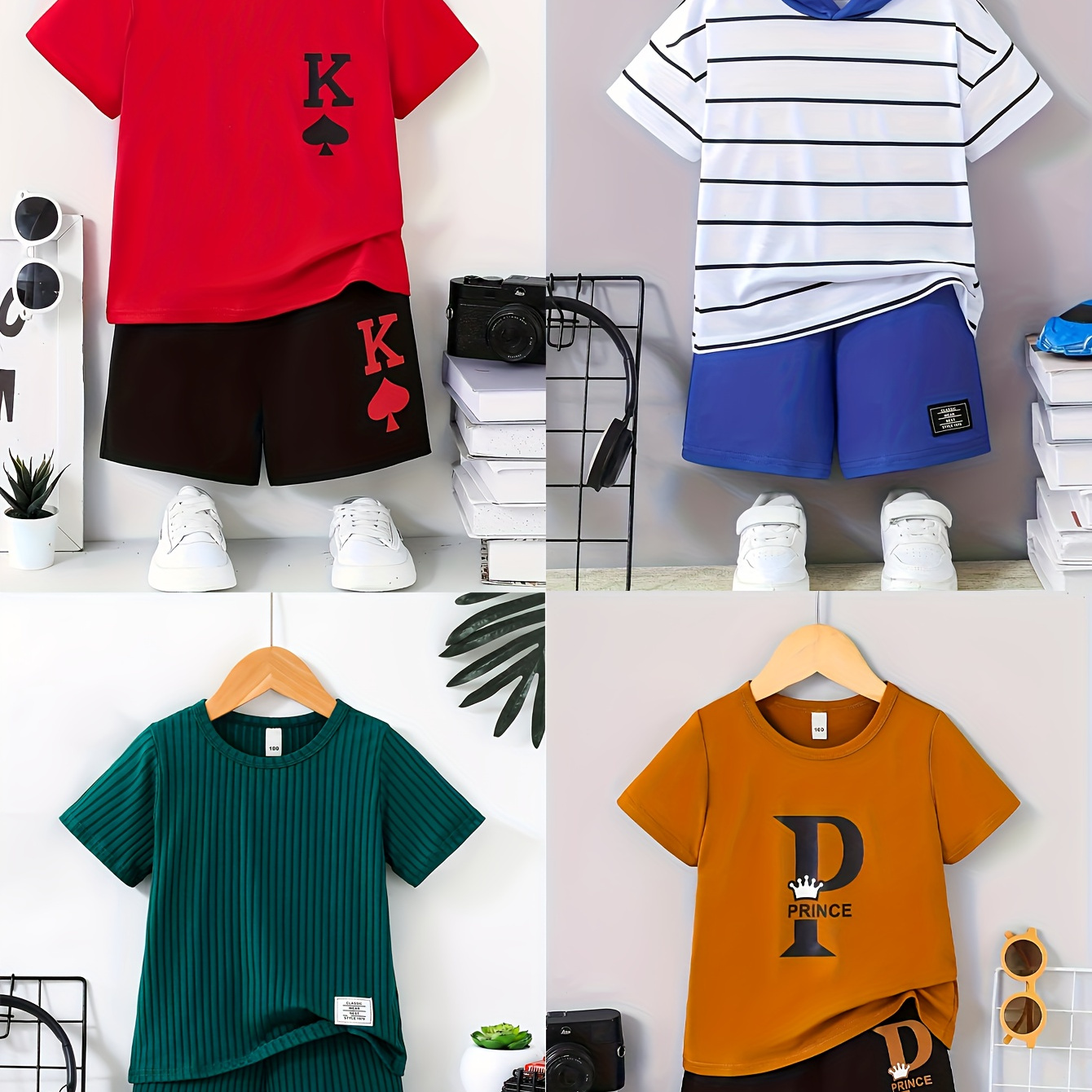 

8 Pieces Boys' Summer Fashion Comfortable Fabrics With Printed Patterns Boys' Short Sleeve Sets