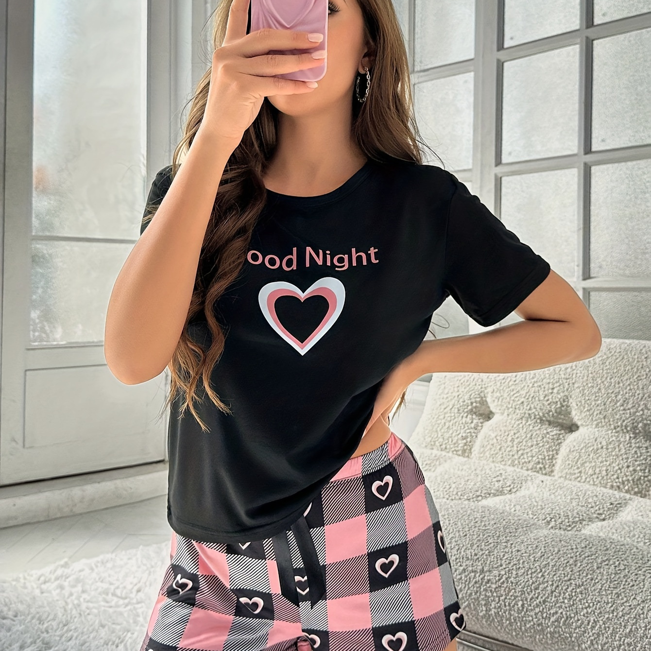 

Heart & Slogan Print Comfy Pajama Set, Casual Short Sleeve Round Neck Tee & Plaid Shorts, Women's Sleepwear