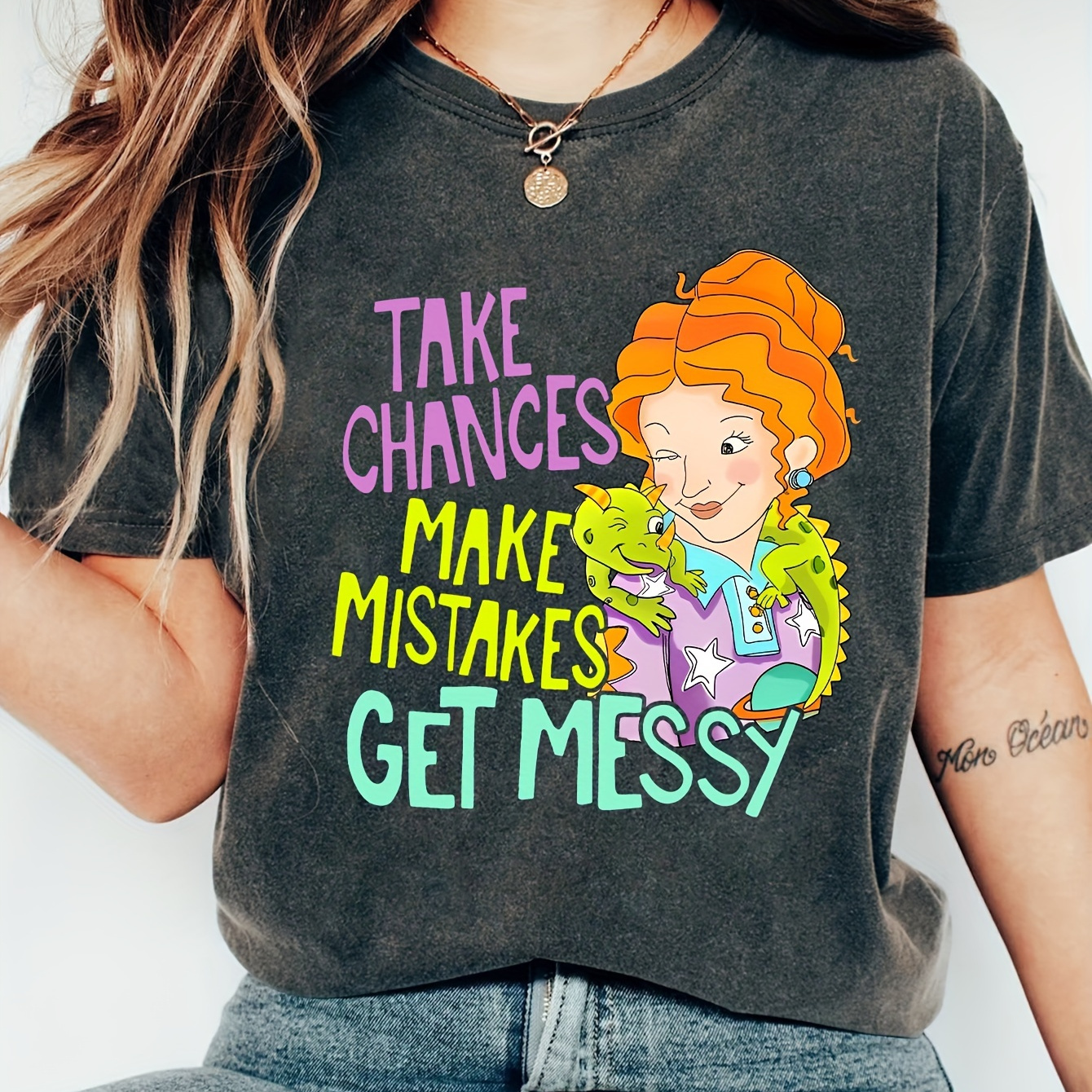

Take Chances Make Mistakes Print T-shirt, Casual Crew Neck Short Sleeve Top For Spring & Summer, Women's Clothing