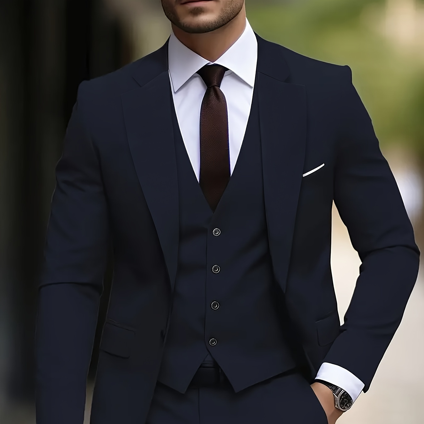 

Men's 3pcs Navy Set, Slim Fit Polyester 78.90% Viscose 21.10% Solid Color, Long Sleeve Lapel Collar With Vest And Shirt, Non-stretch Woven Fabric, Wedding Party Uniform