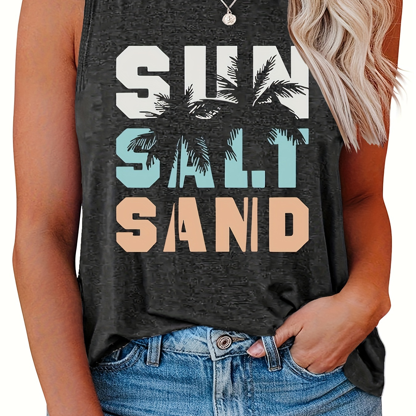 Plus Size Casual Tank Top, Women's Plus Art Letter & Coconut Tree Print Round Neck Slight Stretch Tank Top