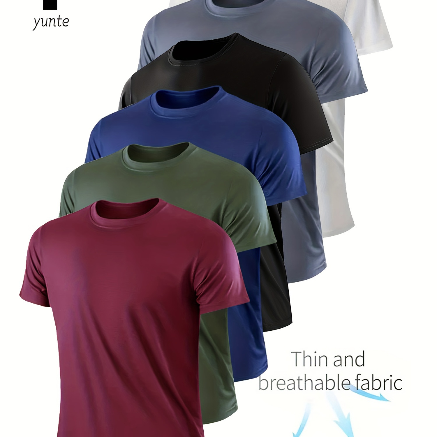 

6pcs Men's Quick-dry Athletic T-shirts - Breathable, Moisture-wicking Crew Neck Tees In Burgundy, Army Green, Navy, Black, Gray, White - Gym, Running & Training