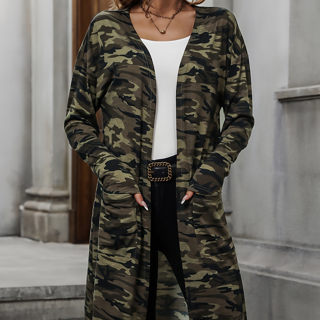 

Camo Print Mid Length Cardigan, Casual Open Front Long Sleeve Outerwear, Women's Clothing