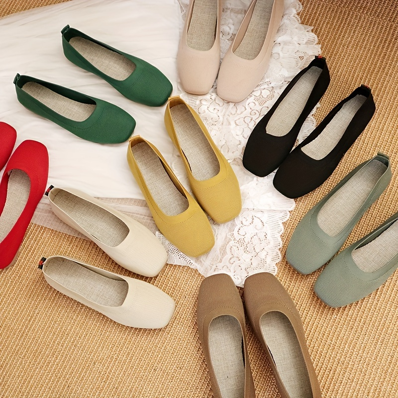 Women's Comfy Knit Flat Shoes, Breathable Slip On Square Toe Soft Sole  Ballet Flats, Casual & Versatile Flats