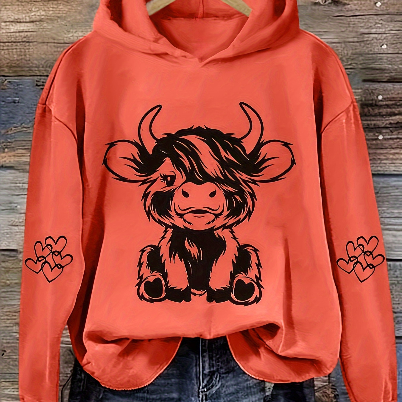 

Plus Size Cartoon Cow Print Hoodie, Casual Long Sleeve Hooded Sweatshirt For Fall & Winter, Women's Plus Size Clothing