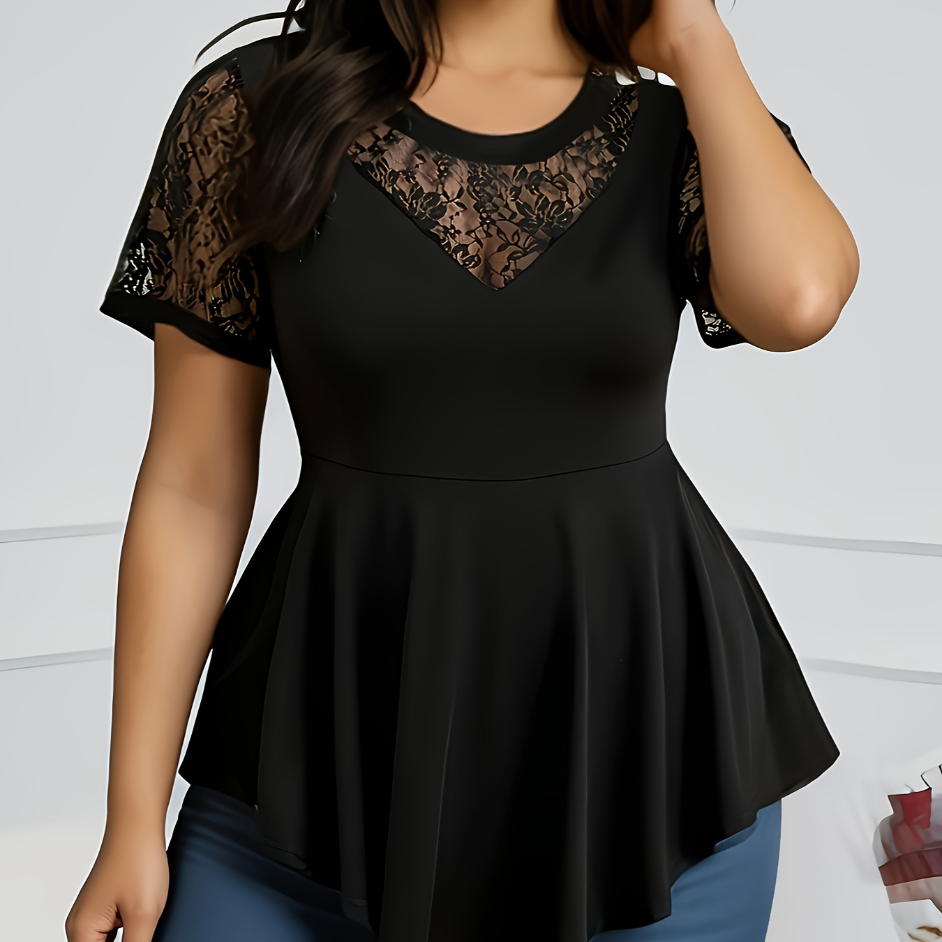 

Plus Size Lace Stitching Top, Casual Crew Neck Short Sleeve Top, Women's Plus Size clothing
