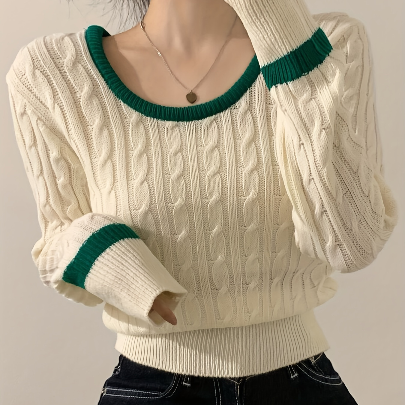 

Trim Crew Neck Cable Knit Sweater, Casual Long Sleeve Pullover Sweater, Women's Clothing