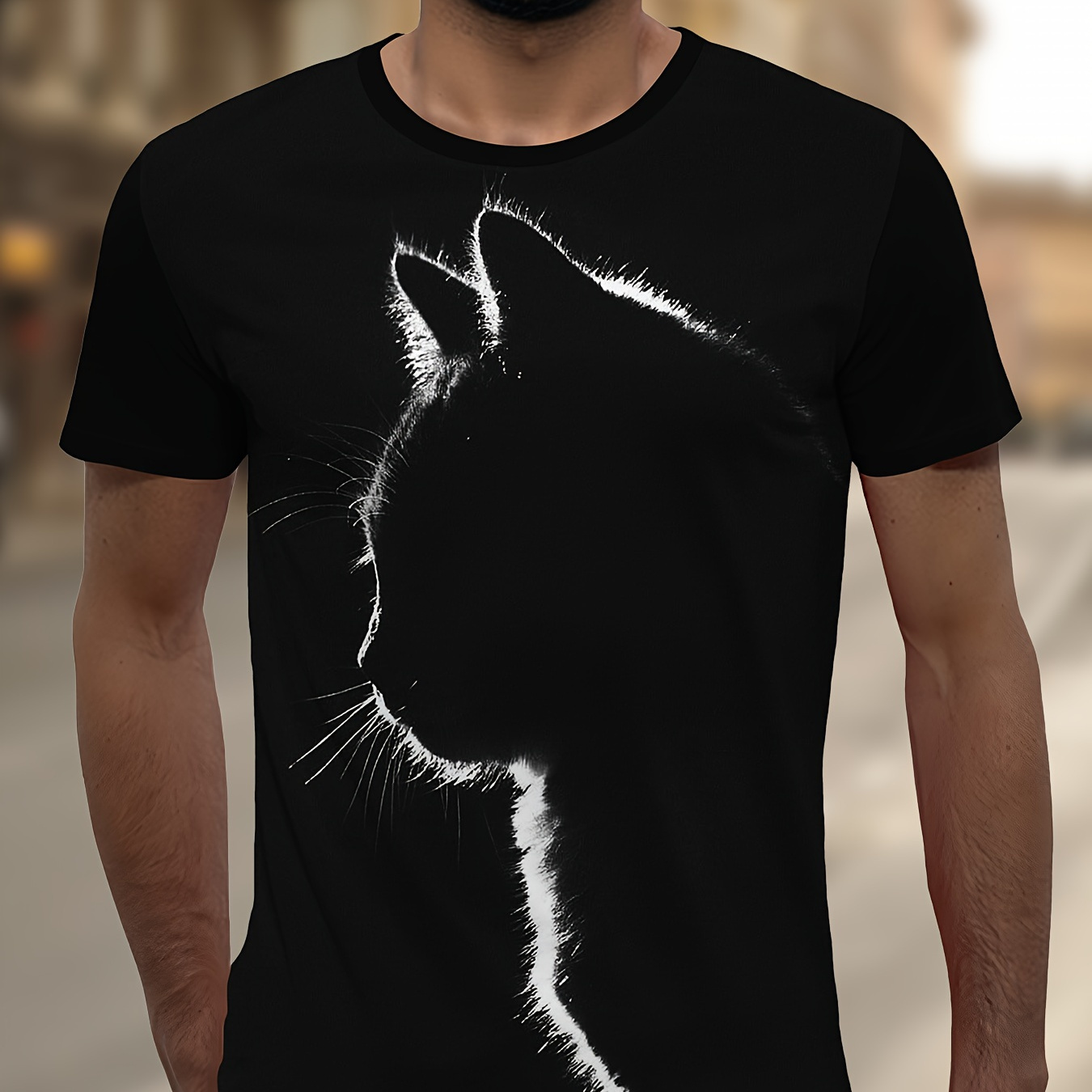 

Men's Casual Short Sleeve T-shirt With Cat Silhouette - Unisex Polyester Crew Neck Pullover, Animal Pattern, Comfortable Summer Streetwear, 150gsm Micro- Fabric