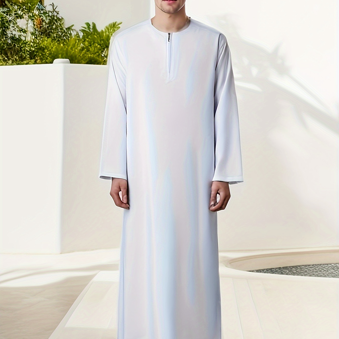 

Eid Al-adha Men's Solid Color Long Sleeve Thin Kandura, Crew Collar Quarter Zippered Long Thobe For Casual Wear, Comfort Fit