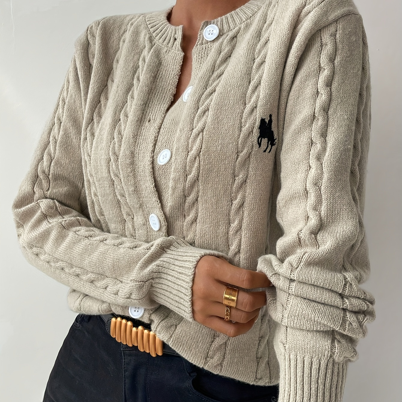 

Elegant Open Front Cable Knit Cardigan, Long Sleeve Cardigan For Spring & Fall, Women's Clothing