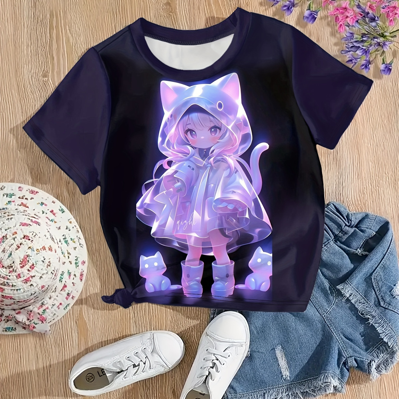 

3d Anime Girl Print Crew Neck Short Sleeve T-shirt Top For Girls Summer Outdoor