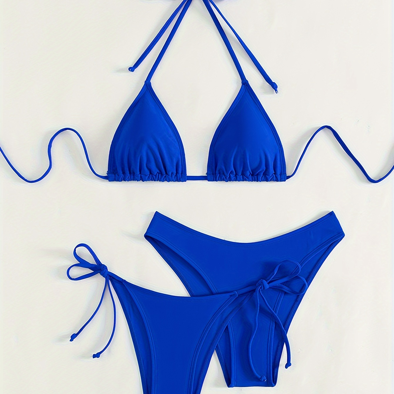 

Ensemble bikini 3 pièces de couleur unie, maillot de bain dos nu à col licou, vêtements de bain pour femmes