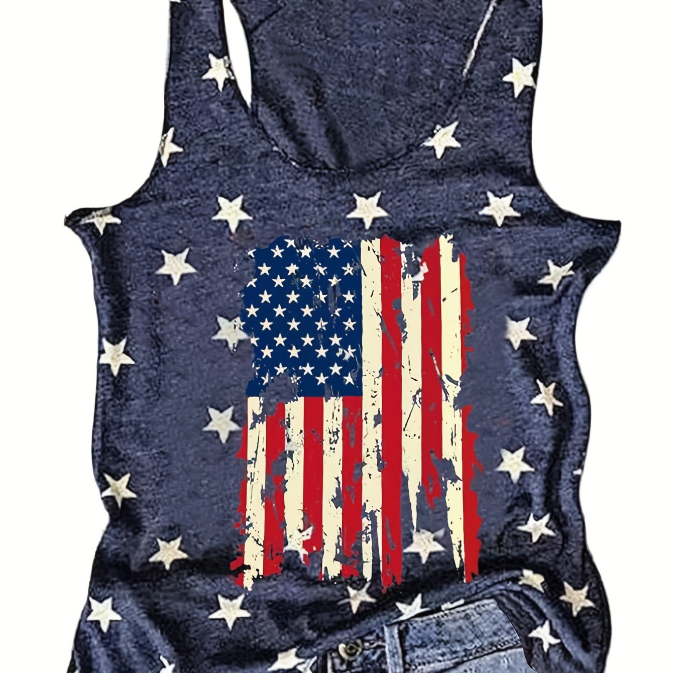 

Flag & Star Print Crew Neck Tank Top, Casual Sleeveless Tank Top For Summer, Women's Clothing