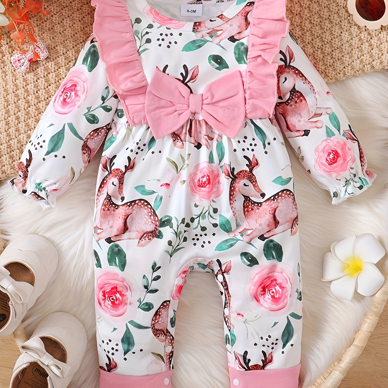 

Cute Cartoon Deer Print Long Sleeve Bow Toddler Baby Girl's Jumpsuit For Spring And Autumn
