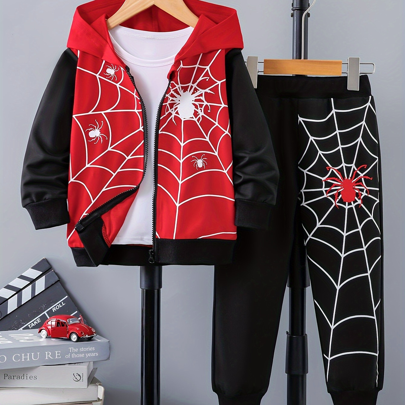 

2pcs Boy's Spider And Web Pattern Hooded Long Sleeve + Jogger Pants Co-ord Set For And , & , As