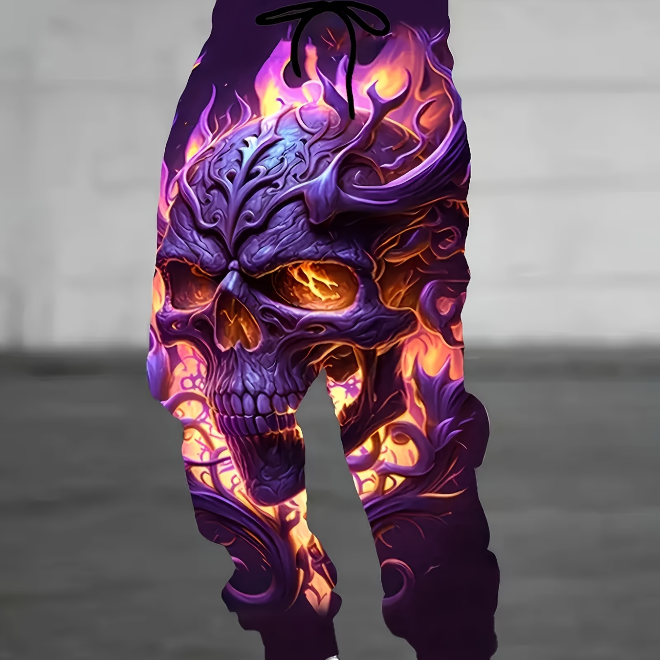 

Creative Skull Print, Men's Casual Pants With Drawstring, Street Style Comfy Pants