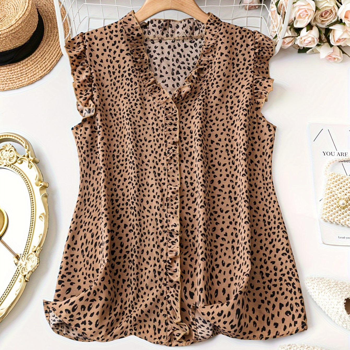 

Plus Size Allover Print Blouse, Elegant V Neck Ruffle Sleeve Blouse For Summer, Women's Plus Size clothing