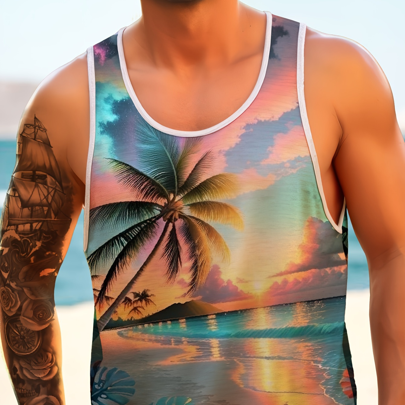 

Hawaiian Beach Vibe Print Tank Top, Men's Casual Comfy Top For Summer, Men's Sleeveless Shirt For Beach, Pool & Resort
