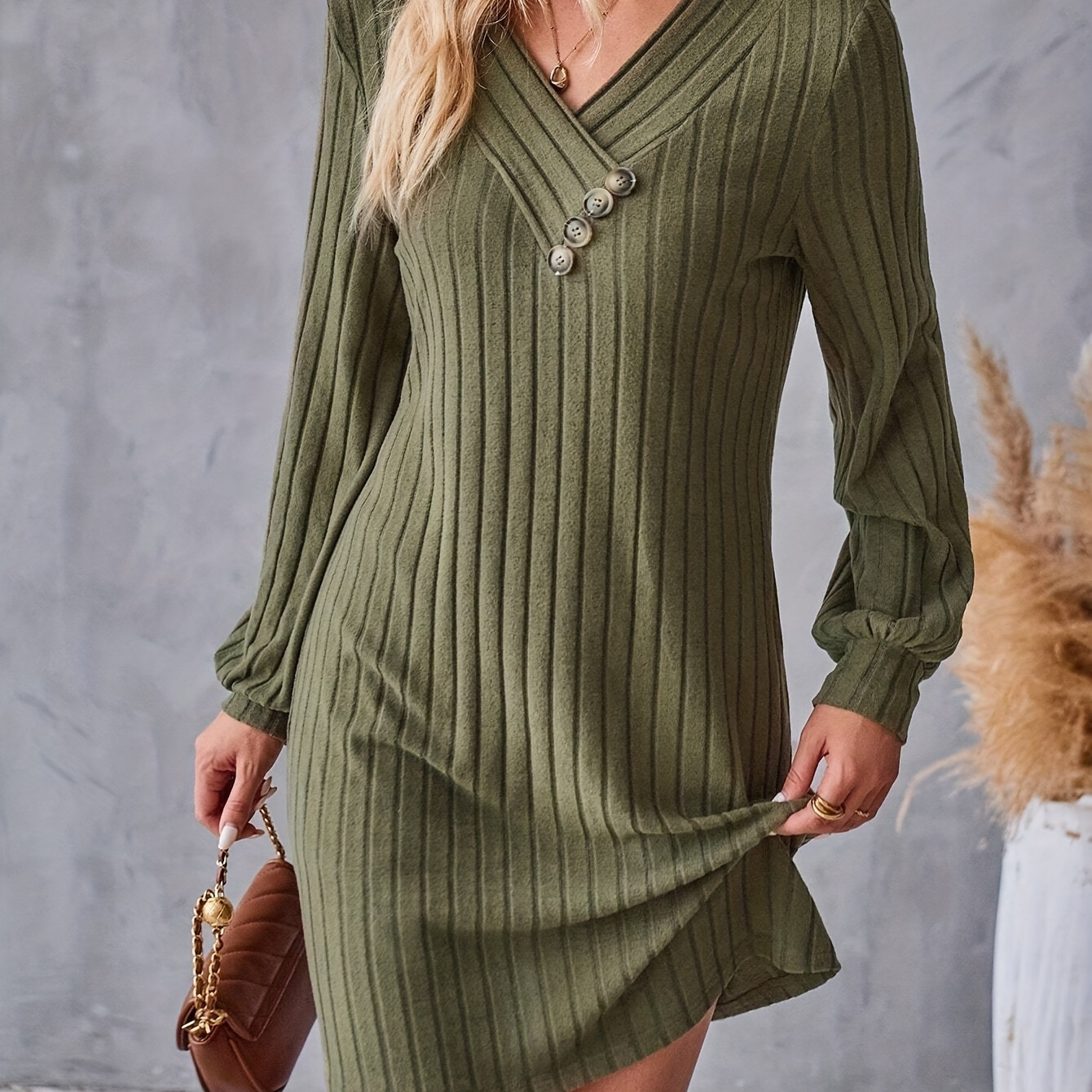 

Ribbed Solid Color V Neck Dress, Elegant Long Sleeve Above Knee Knitted Dress For Fall, Women's Clothing