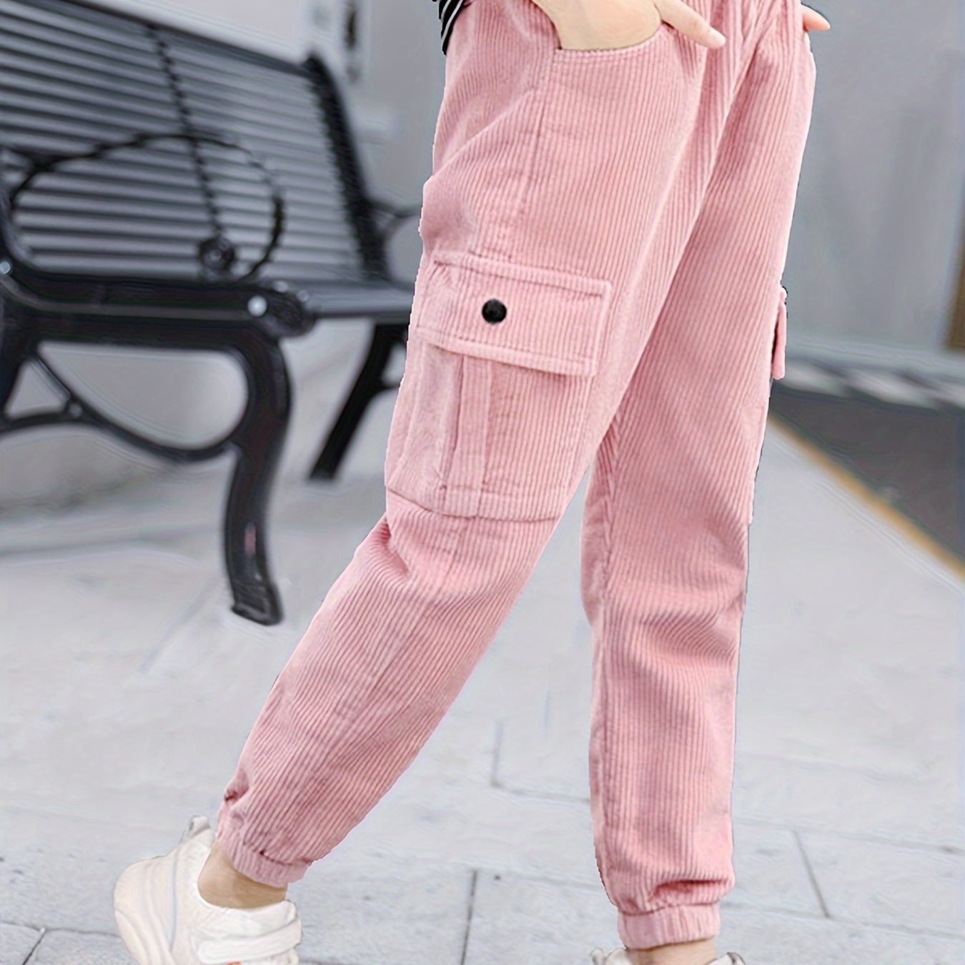 

Girls Trendy Tag Design Functional Pockets Corduroy Jogger Pants For Spring And Fall