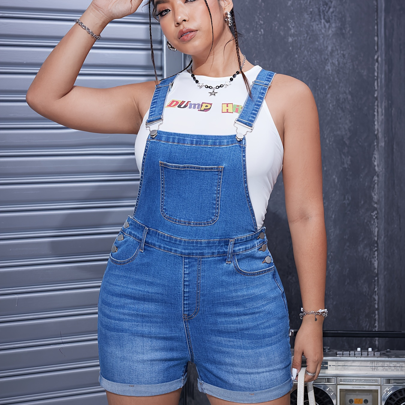 

Women's Plus Size Casual Blue Denim Overalls Shorts With Pockets, Sleeveless Adjustable Strap Jean Rompers Dungarees, Summer Fashion Streetwear