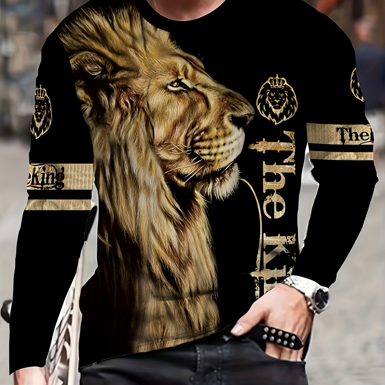 

Lion Print Long Sleeve T-shirt For Men - Casual Crew Neck Polyester Blend Top With Slight Stretch - 3d Animal Graphic Tee For All Seasons