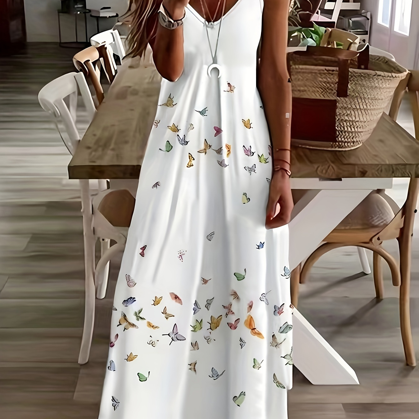 

Plus Size Butterflies Print Tank Dress, Casual Ring Detail Sleeveless V Neck Long Length Dress For Spring & Summer, Women's Plus Size Clothing