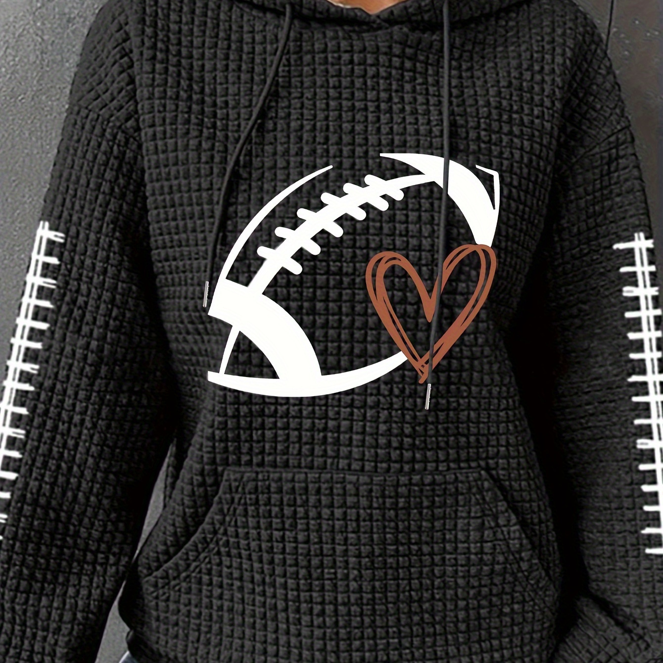 

Plus Size Casual Hoodie, Women's Plus Rugby & Heart Print Waffle Knit Long Sleeve Drawstring Hoodie With Kangaroo Pockets