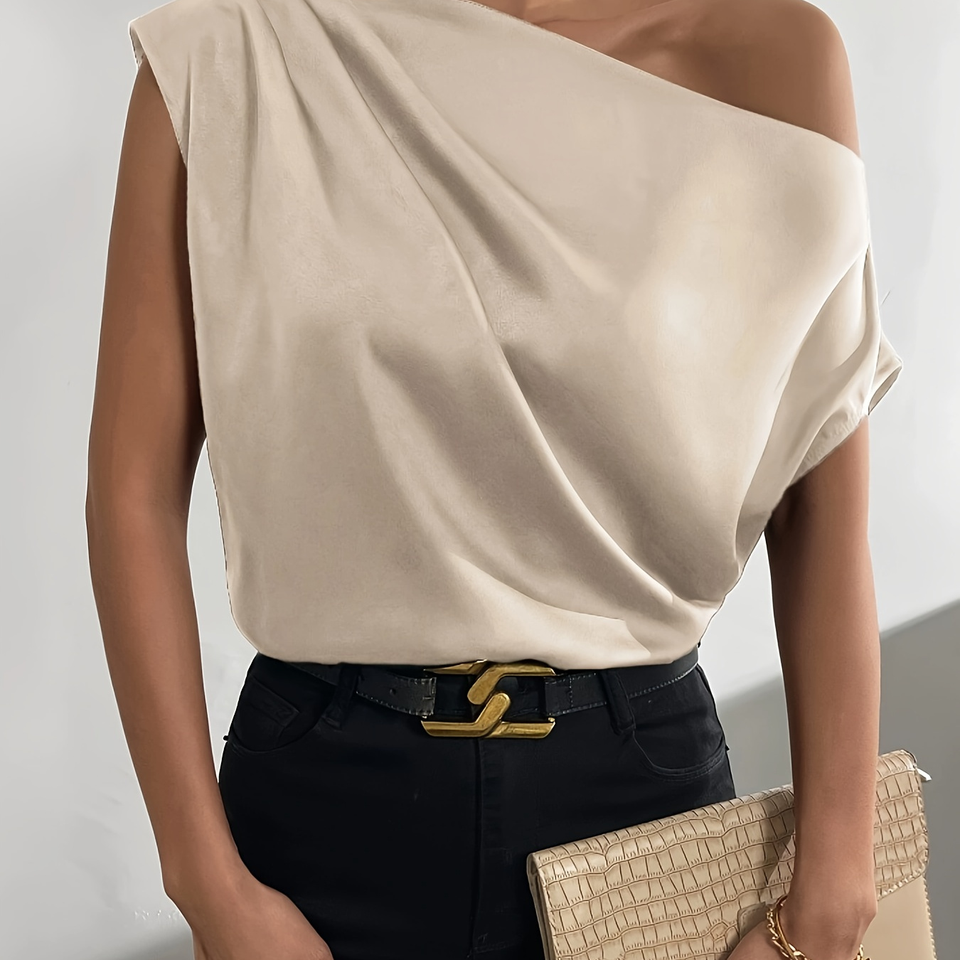 

Solid Pleated Slant Shoulder Blouse, Elegant Blouse For Spring & Summer, Women's Clothing