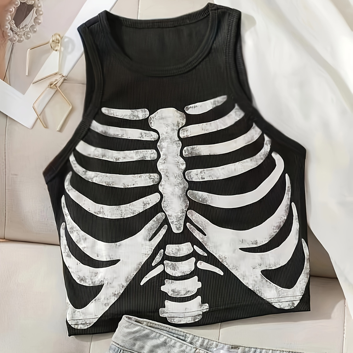 

Skeleton Print Crew Neck Tank Top, Casual Sleeveless Tank Top For Summer, Women's Clothing