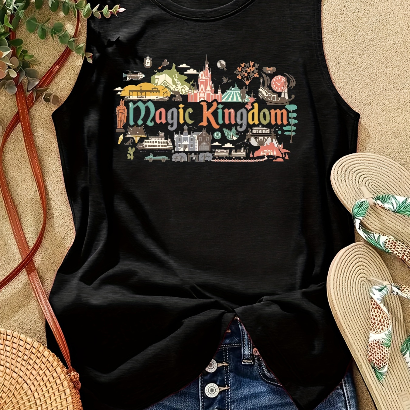 

Magical Kingdom Print Tank Top, Sleeveless Casual Top For Summer & Spring, Women's Clothing