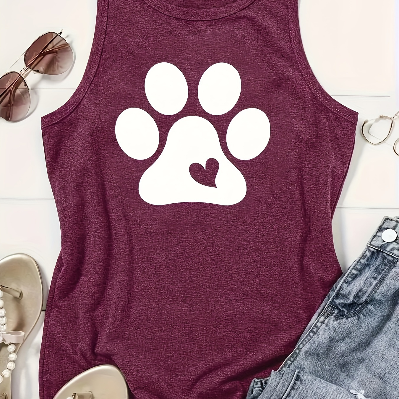 

Animal Paw Print Tank Top, Casual Sleeveless Top For Spring & Summer, Women's Clothing