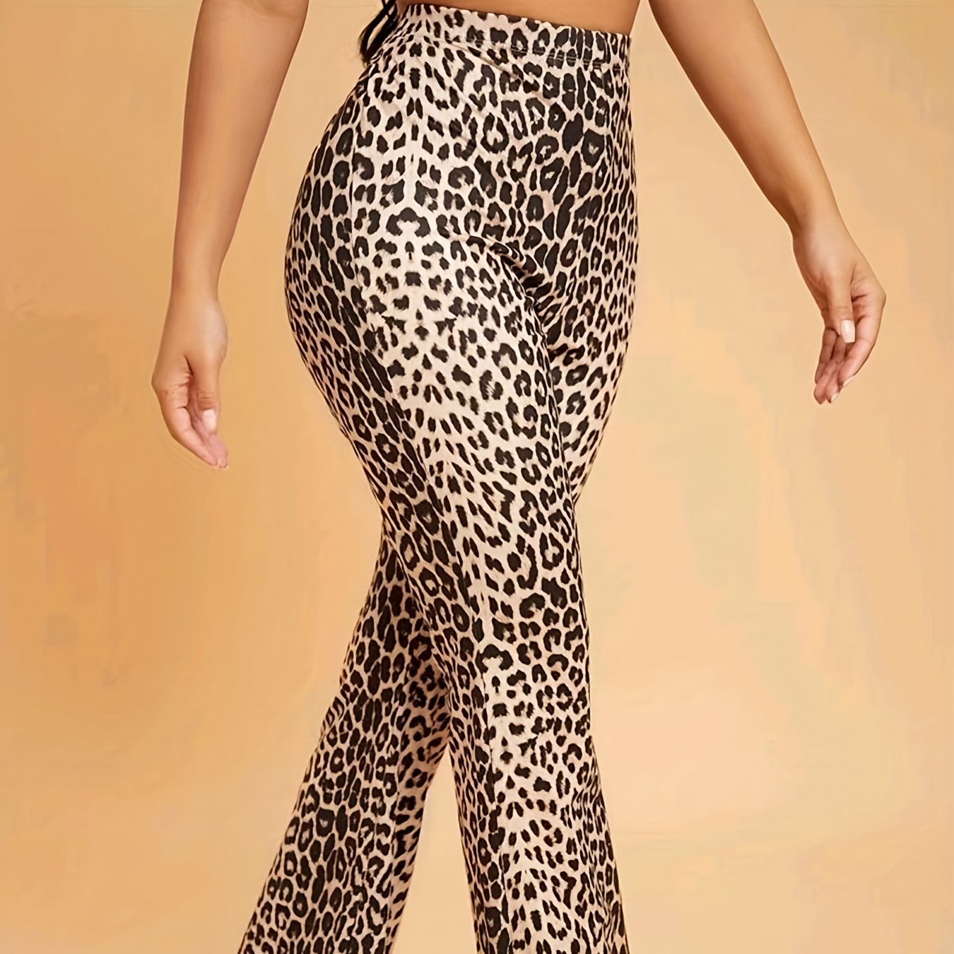 

Women's Leopard Print High Elastic Waisted Casual Flare Leg Bell Bottom Pants, Women's Activewear