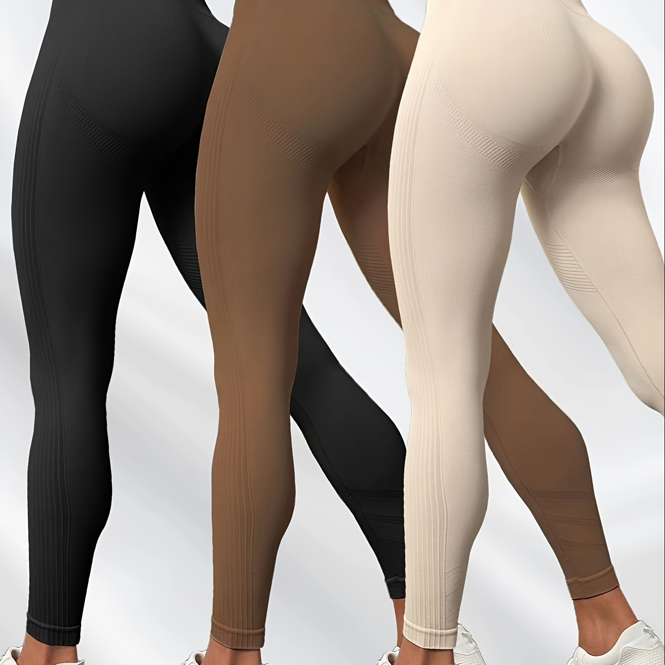 

High-waist Seamless Butt-lifting Leggings 3-pack - 90% Polyamide, 10% Elastane Knit Fabric - Casual Solid Color All- Pants For Women