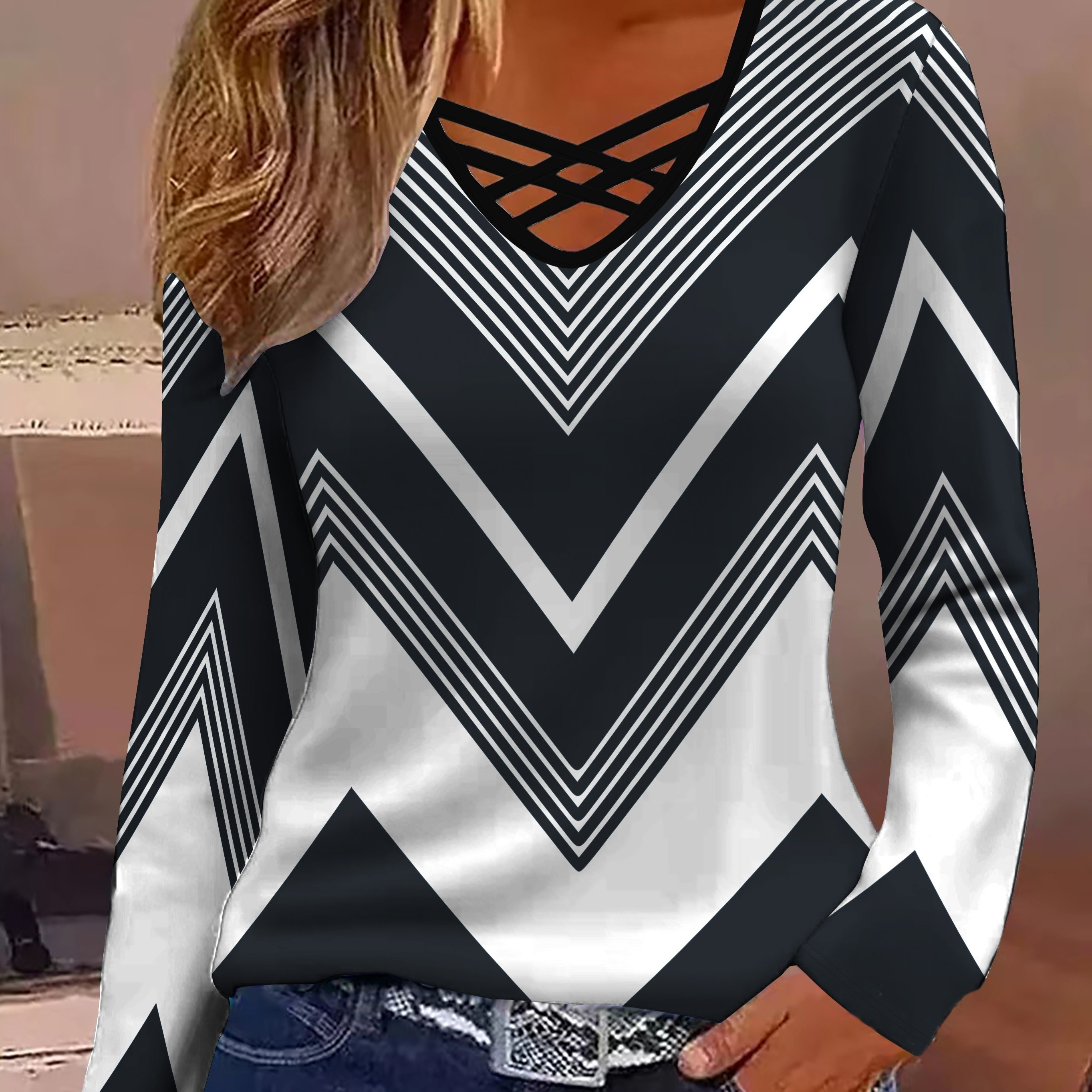 

Chevron Print Crisscross V Neck T-shirt, Casual Long Sleeve T-shirt For Spring & Fall, Women's Clothing