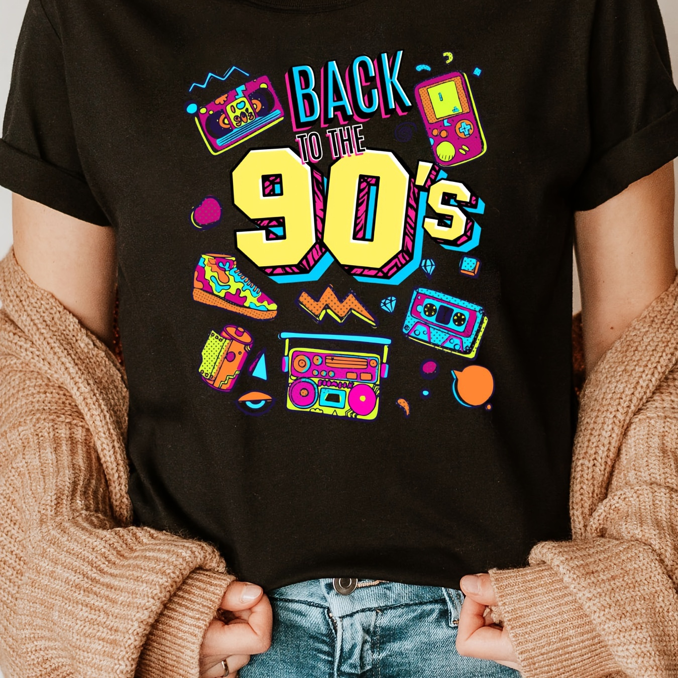 

Back To 90's Print Crew Neck T-shirt, Short Sleeve Casual Top For Summer & Spring, Women's Clothing