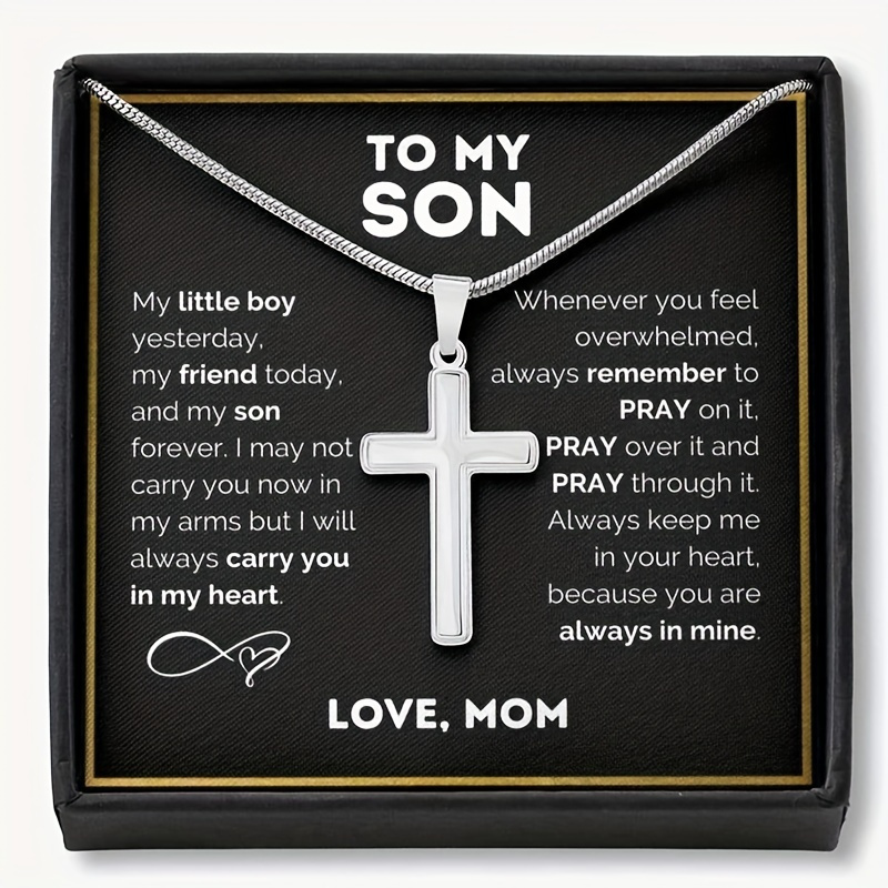 Gift Card And Black Gift Box Packaging - Mother's Cross Necklace For Son - Stainless Steel Chain And Stainless Steel Cross - Birthday Gift, Graduation Gift, Christmas Gift