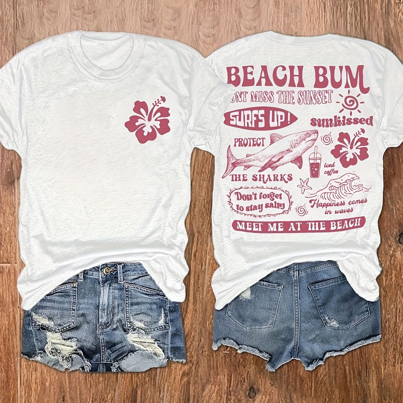 

Women's Casual Beach Bum Graphic Tee - Short Sleeve, Crew Neck, Rayon Blend, Style, White With Print, Surfboard & Design, Lightweight & Breathable For Casual Attire