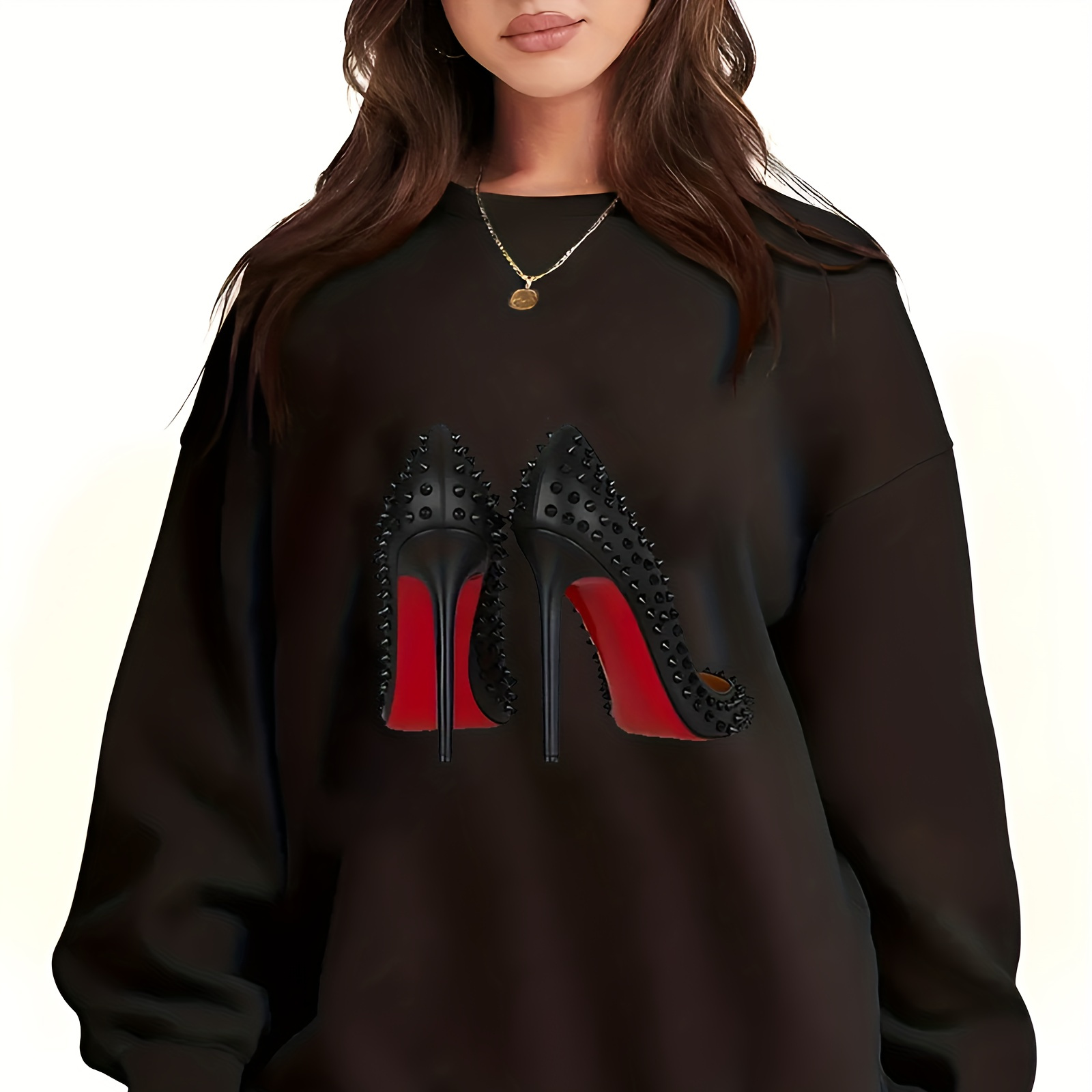 

Size Women's Sweatshirt With Red Rivet High Heel Print - Casual Long Sleeve Crew Neck Pullover For Fall & Winter, Machine Washable