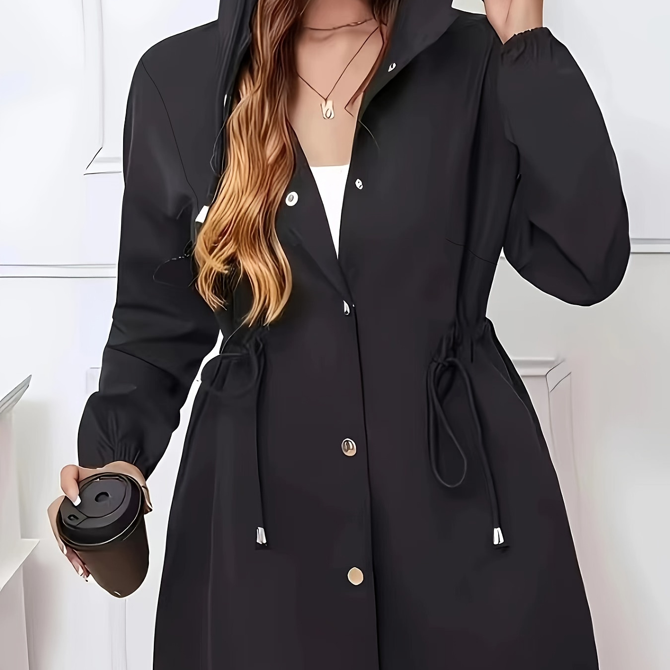 

Plus Size Solid Hooded Drawstring Waist Coat, Elegant Button Front Long Sleeve Coat For Fall & Winter, Women's Plus Size Clothing