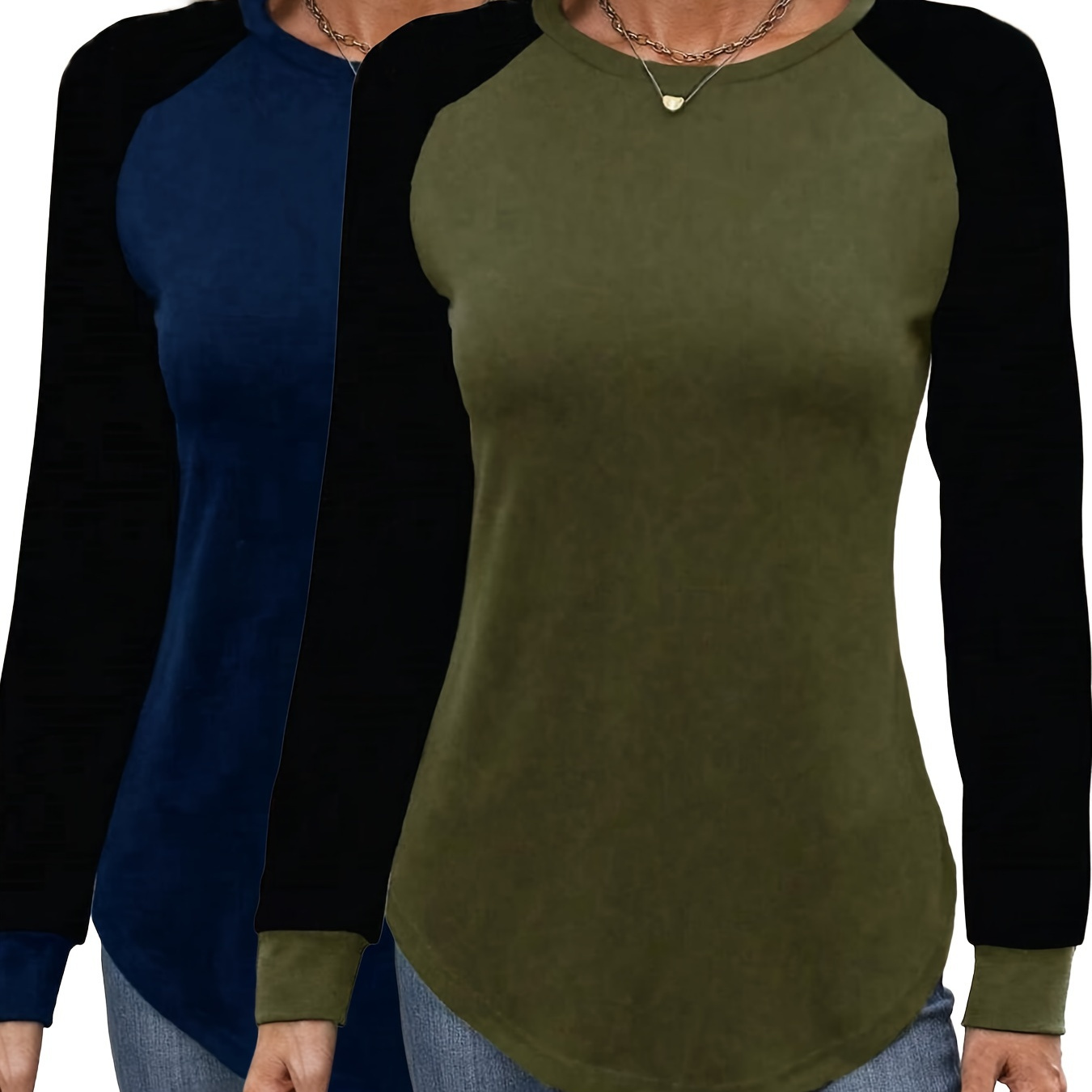 

2pcs Shoulder Insert T-shirt, Spring And Autumn Casual Round Neck Top, Women's Clothing