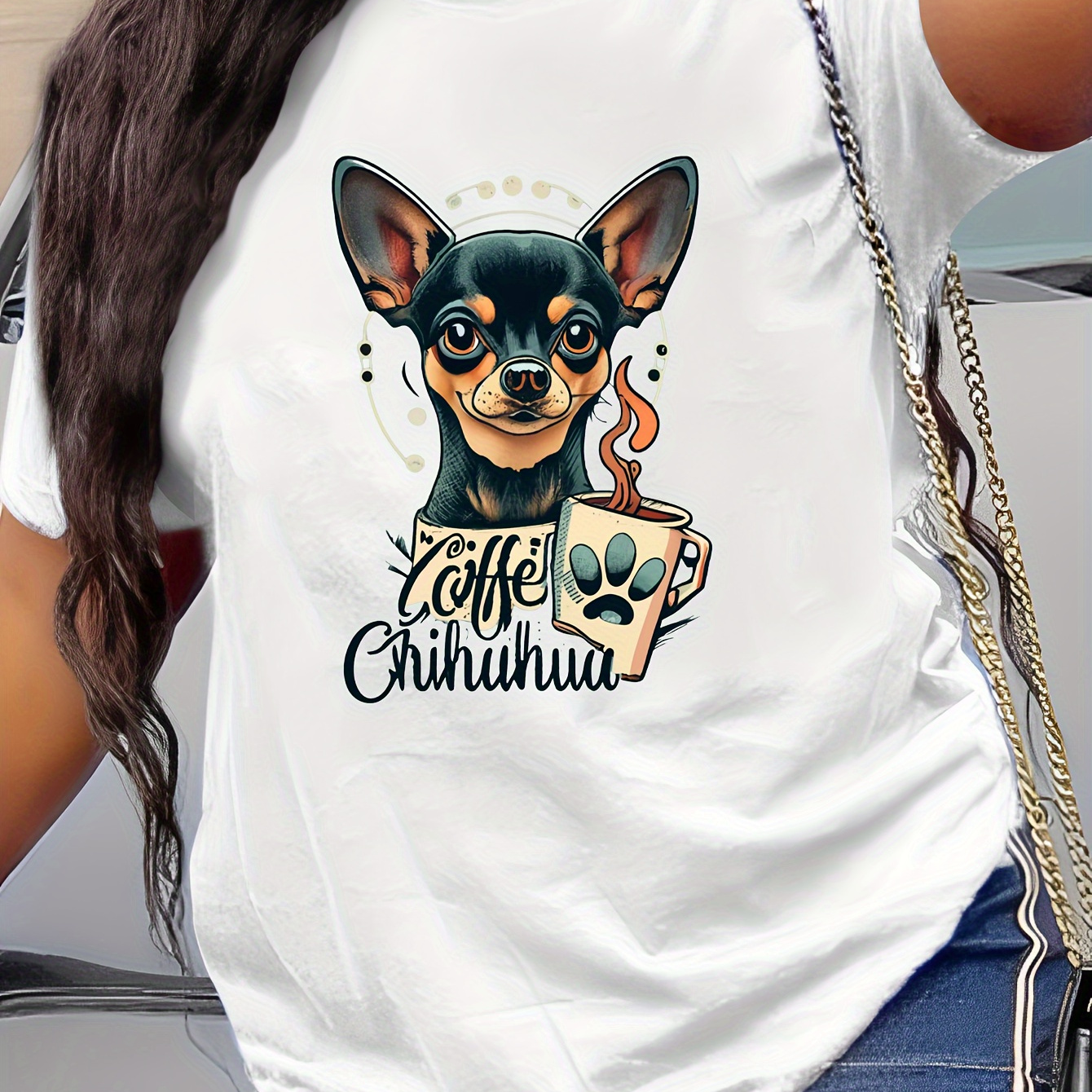 

Chihuahua With Morning Coffee Print T-shirt, Short Sleeve Crew Neck Casual Top For Summer & Spring, Women's Clothing