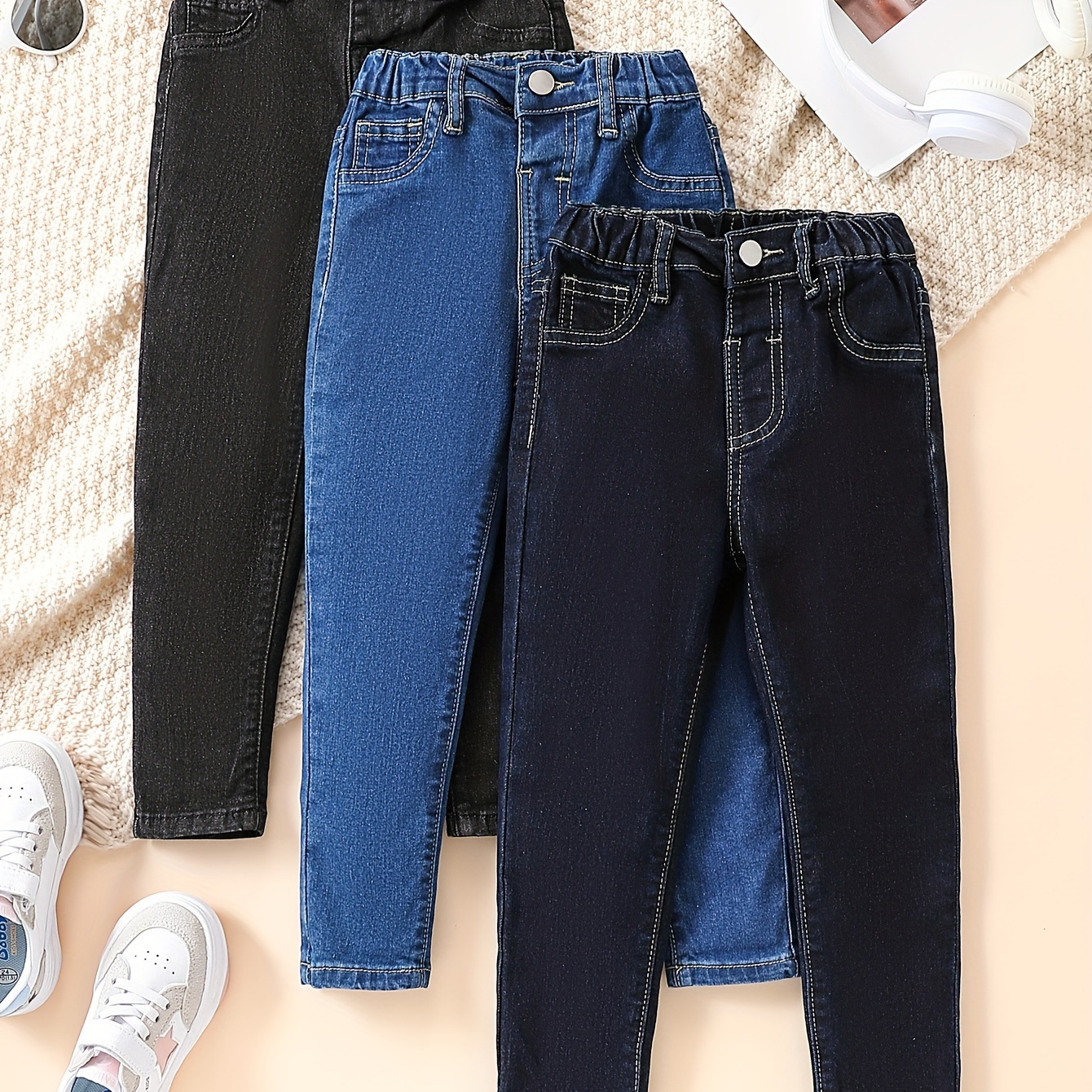 

3-pack Boys Casual Versatile Jeans, Straight Cuffed Denim Pants, Elastic Waist Trendy Trousers For Daily Wear