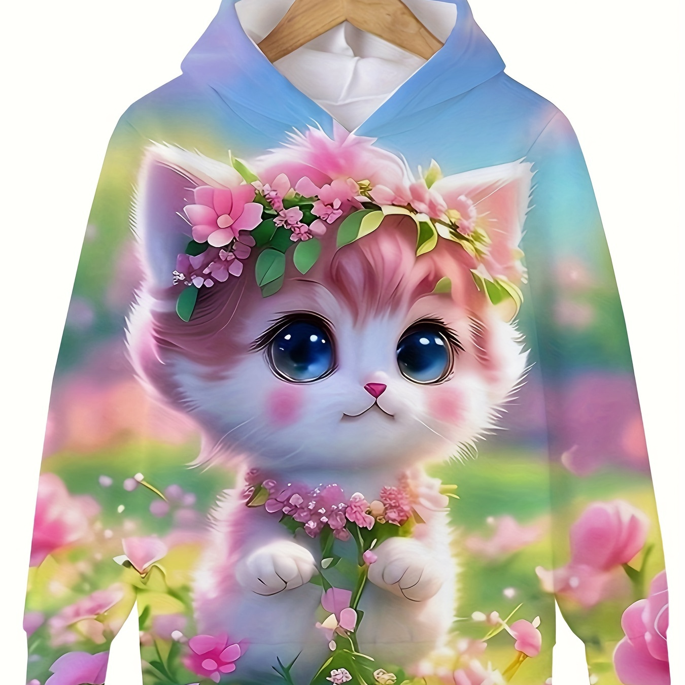 

Adorable Flower Kitty In The Garden Graphic Hoodies Long Sleeve Hooded Sweatshirt For Sports Spring