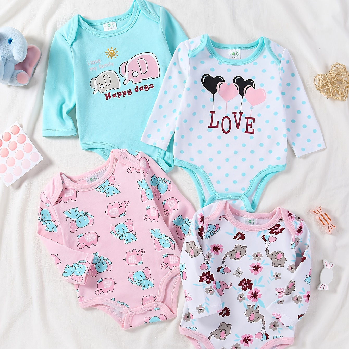 

Cotton Baby Girl Bodysuits Set Of 4 - Cute Cartoon Elephant Pattern, Long Sleeve 0-1 Years Onesies, Knit Fabric, Regular Fit For Fall/winter