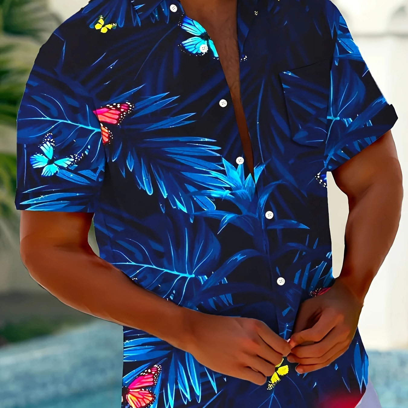 

Hawaiian Butterfly Floral Print Fashionable And Simple Men's Short Sleeve Casual Lapel Simple Shirt, Trendy And Versatile, Suitable For Dates