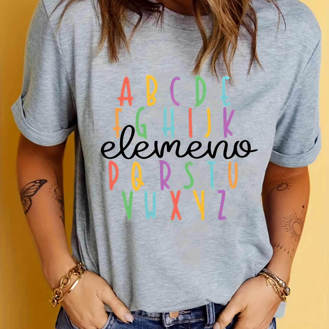 

Colorful Letter Elements Print T-shirt, Cute Short Sleeve Crew Neck Summer Top, Women's Clothing